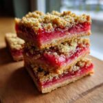 Three stacked squares of Rhubarb Compote Squares showing a bright pink filling and golden crumb topping.