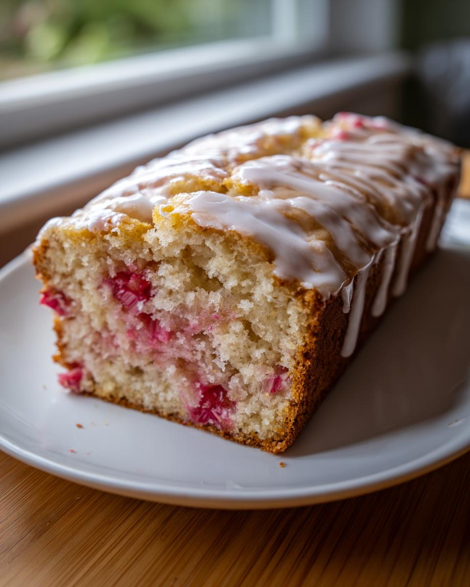 A loaf of Rhubarb and Earl Grey Tea Loaf with a white glaze drizzled across the top, showing pink rhubarb pieces inside.