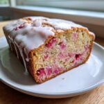 A close-up of a slice of Rhubarb and Earl Grey Tea Loaf, showing pink rhubarb pieces and a white glaze.