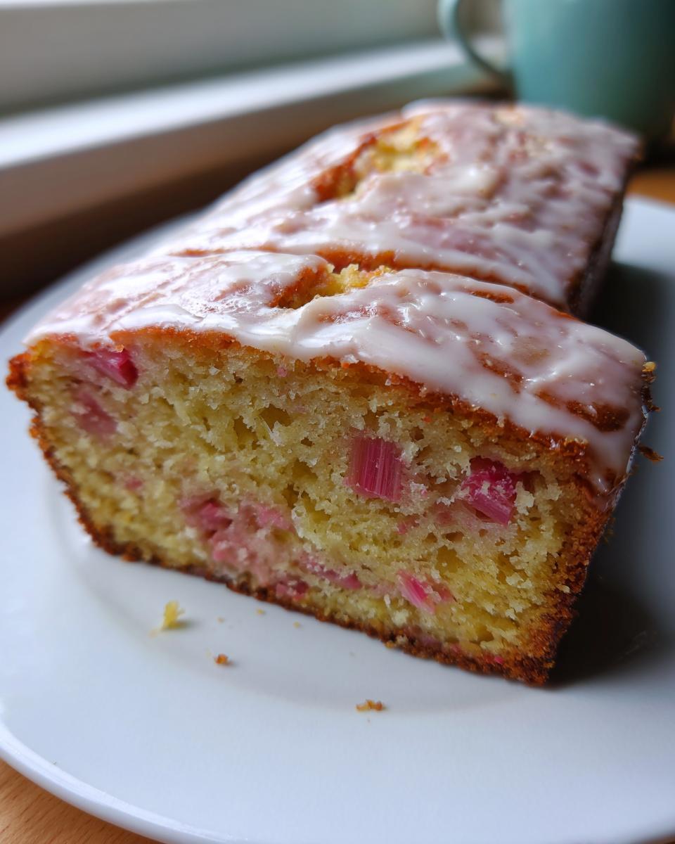 A close-up slice of the Rhubarb and Earl Grey Tea Loaf showing pink rhubarb pieces in the yellow cake and a white glaze topping.