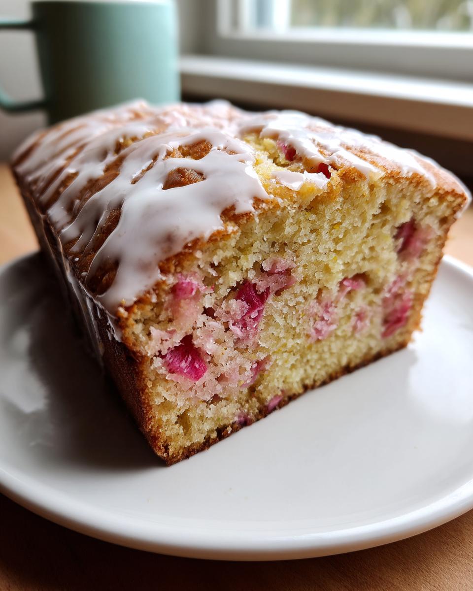 Cross-section of a moist Rhubarb and Earl Grey Tea Loaf topped with white icing, showing pink rhubarb pieces inside.
