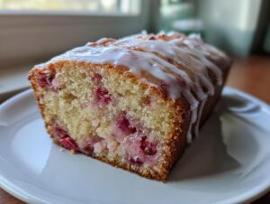 Close-up of a slice of moist Rhubarb and Earl Grey Tea Loaf topped with white icing drizzle.