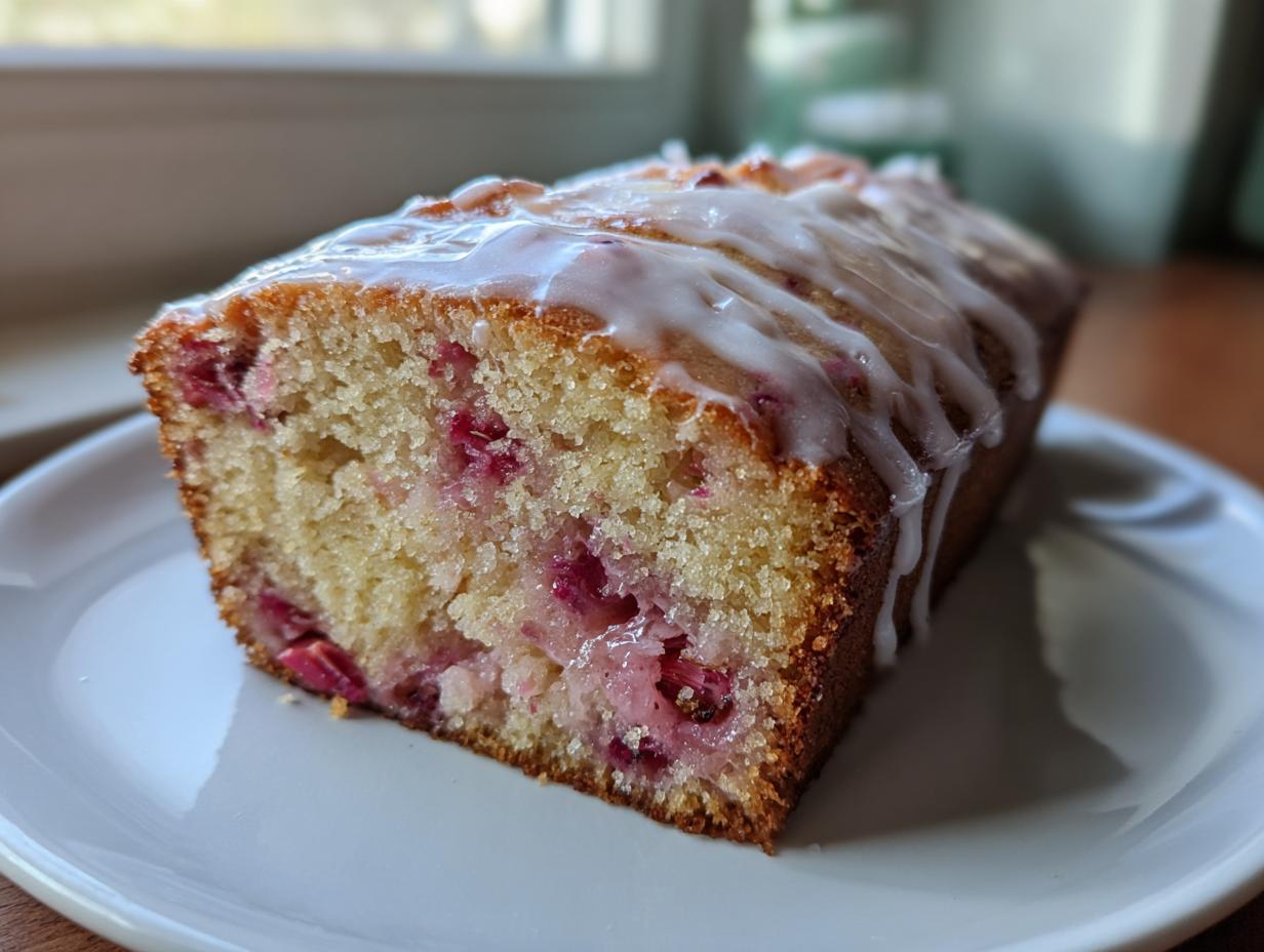 Close-up of a slice of moist Rhubarb and Earl Grey Tea Loaf topped with white icing drizzle.