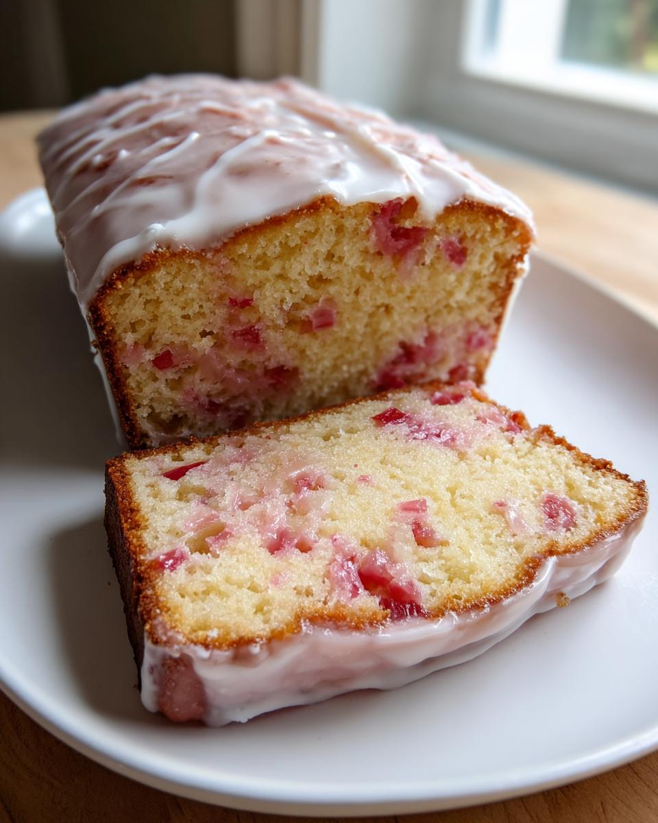 A close-up of a sliced Rhubarb and Earl Grey Tea Loaf topped with white glaze, showing pink rhubarb pieces inside.