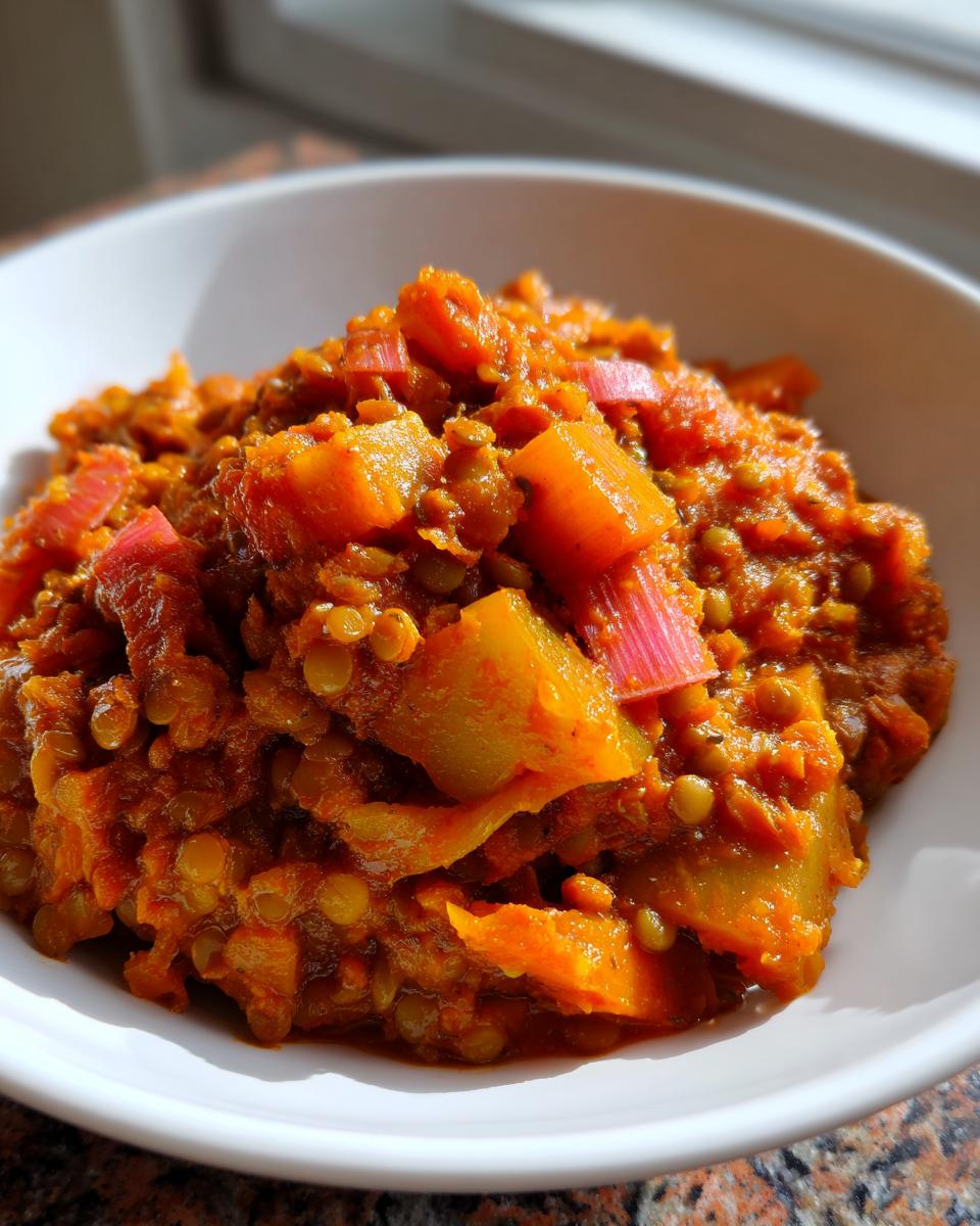Close-up of a rich, orange-red Rhubarb-Lentil Curry served in a white bowl, showing lentils and chunks of rhubarb.