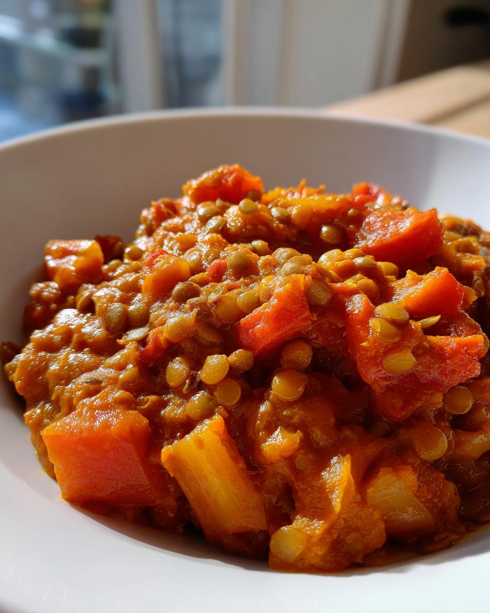 A close-up shot of a vibrant, orange-colored Rhubarb-Lentil Curry served in a white bowl, showing chunks of orange vegetable and green lentils.