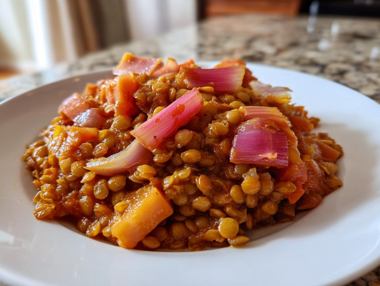 A close-up of a serving of rich, orange-colored Rhubarb-Lentil Curry featuring lentils and chunks of pink rhubarb on a white plate.