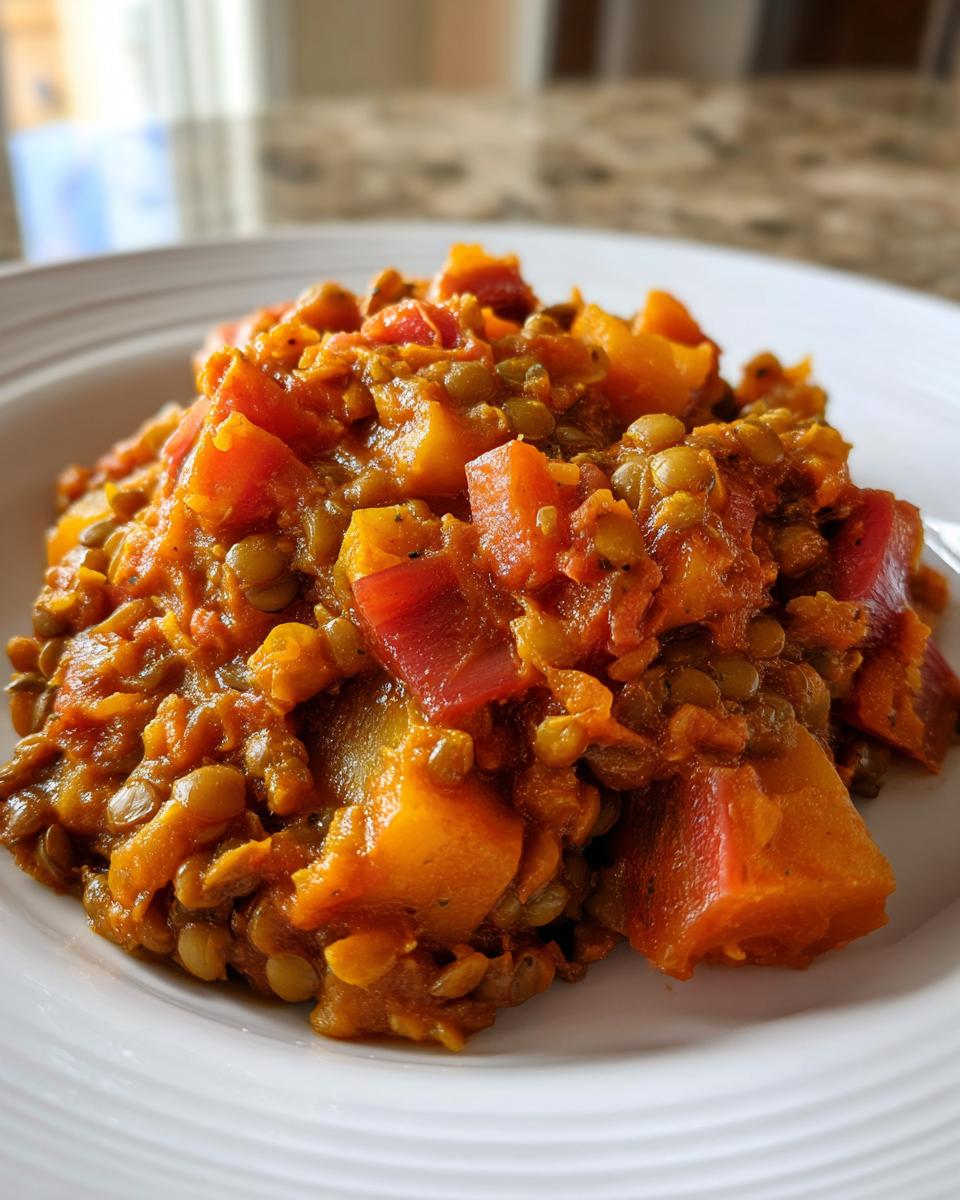 Close-up of a hearty serving of Rhubarb-Lentil Curry featuring orange squash and reddish rhubarb pieces mixed with green lentils.