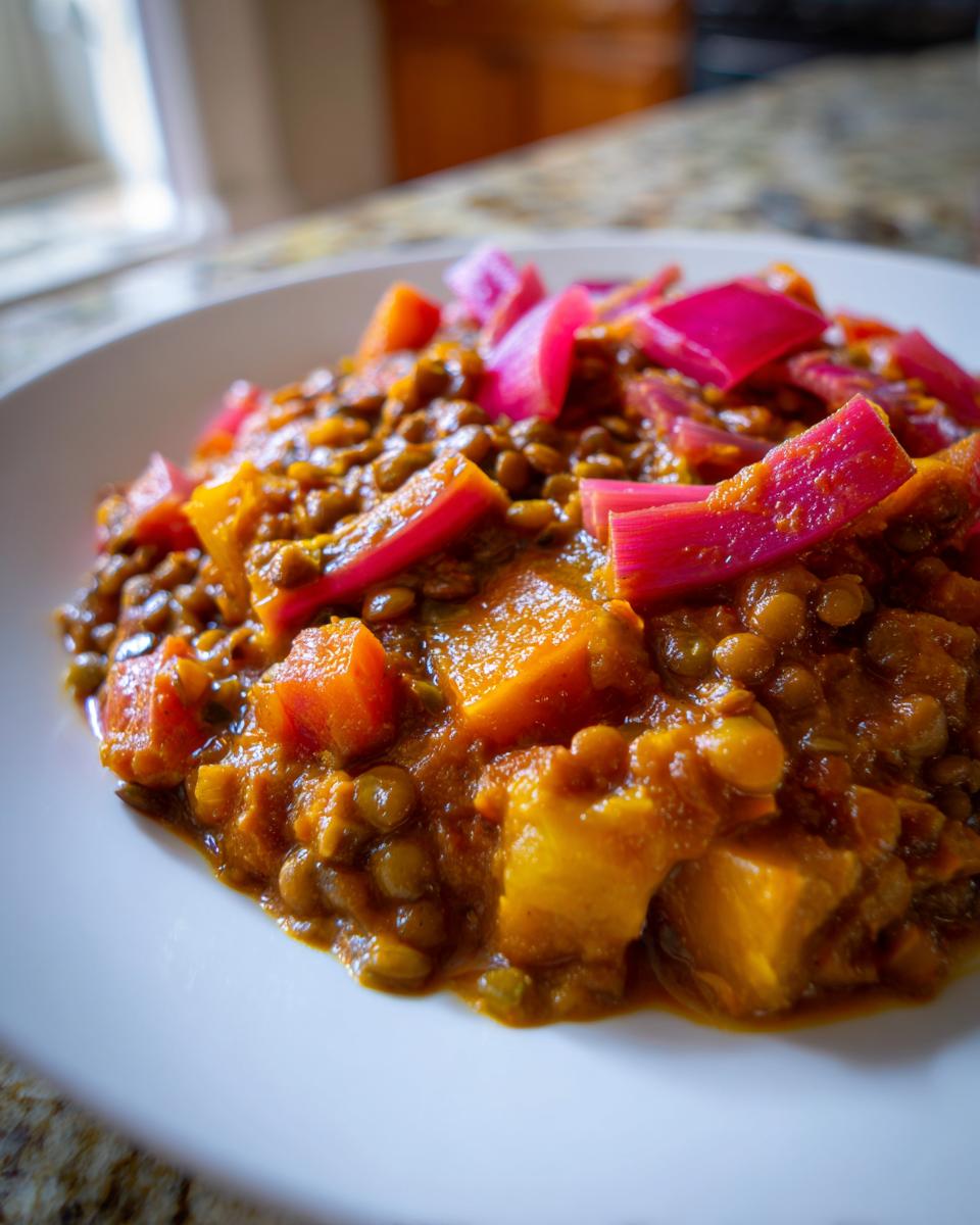Close-up of a serving of rich Rhubarb-Lentil Curry featuring lentils, orange squash, and bright pink pickled rhubarb pieces on a white plate.