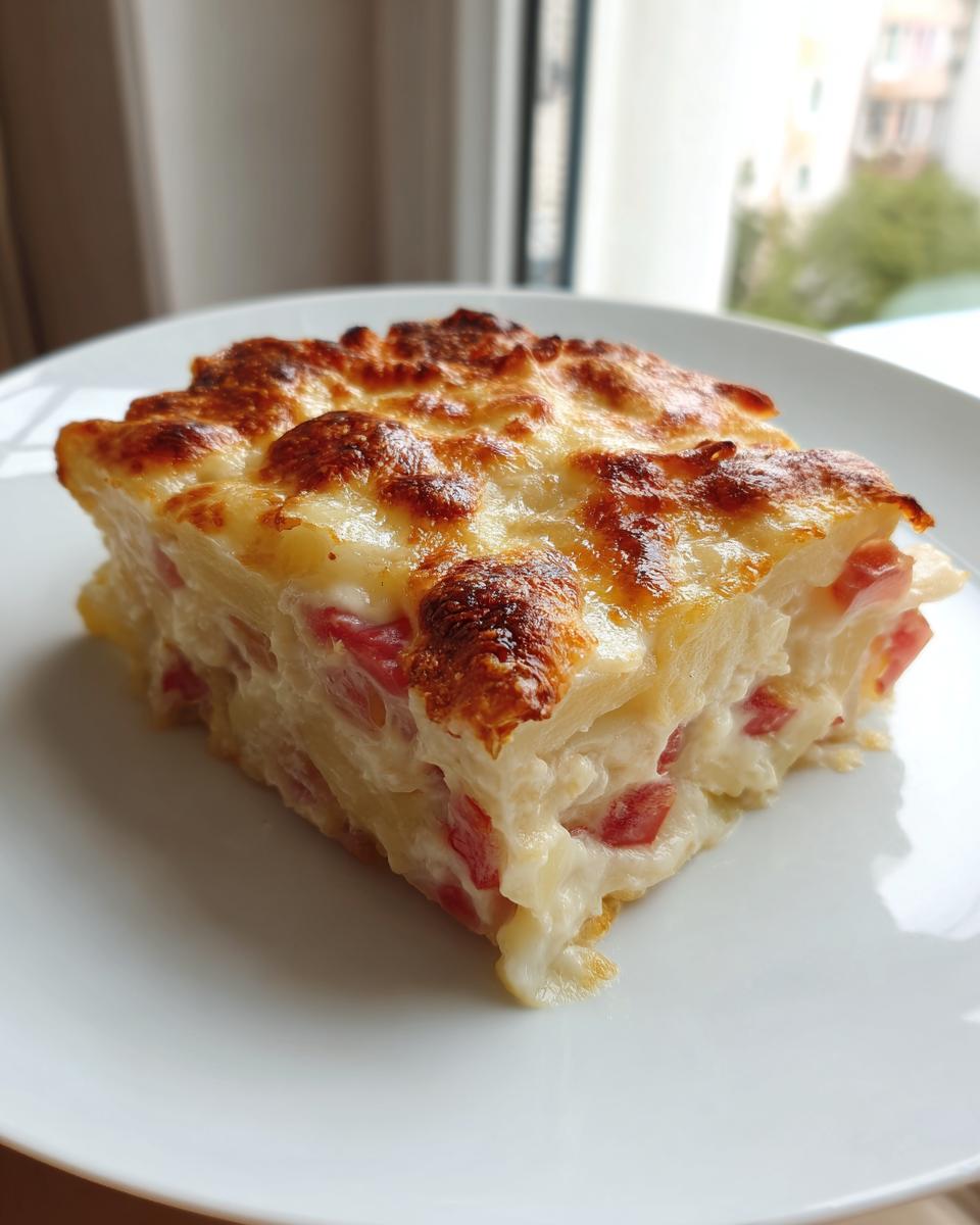 A square slice of baked Rhubarb-Potato Gratin with Gruyère showing layered potatoes and pink rhubarb pieces under a golden, bubbly cheese crust.