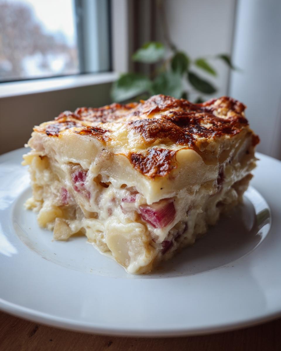 A square slice of creamy Rhubarb-Potato Gratin with Gruyère showing layers of potato and pink rhubarb chunks.