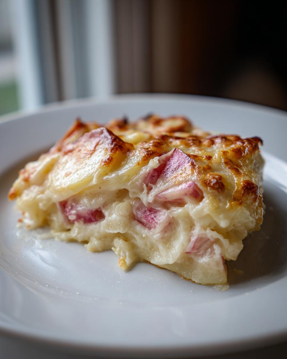 A close-up of a creamy slice of Rhubarb-Potato Gratin with Gruyère showing melted cheese and pink rhubarb pieces.