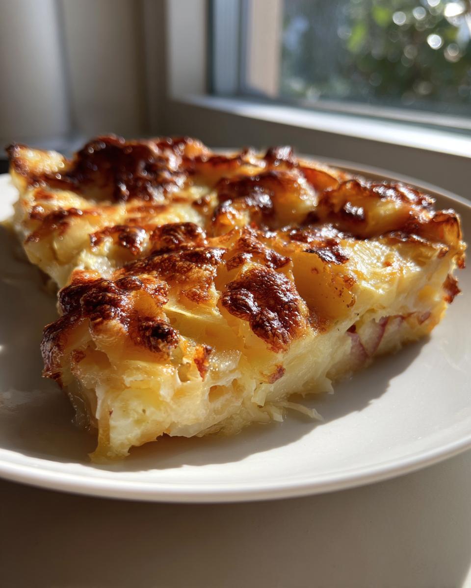 A close-up slice of golden-brown Rhubarb-Potato Gratin with Gruyère, showing layers of potato and cheese.