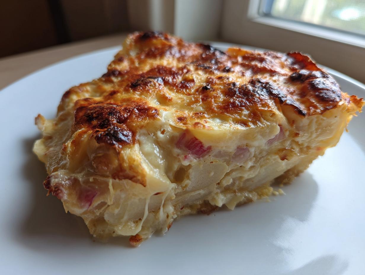 A close-up of a rich slice of Rhubarb-Potato Gratin with Gruyère, showing a golden-brown, cheesy top.