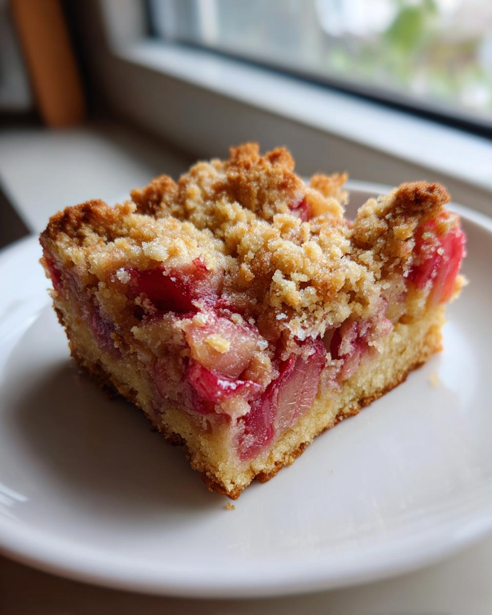 A square slice of Rhubarb Sour Cream Cake with Nutmeg, featuring bright pink rhubarb pieces and a golden crumb topping, served on a white plate.