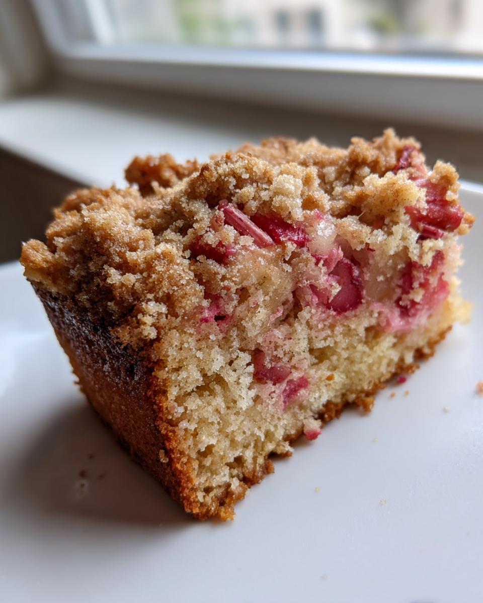 Close-up of a moist slice of Rhubarb Sour Cream Cake with Nutmeg, featuring pink rhubarb pieces and a crunchy streusel topping.
