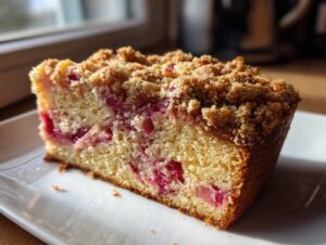Close-up of a moist slice of Rhubarb Sour Cream Cake with Nutmeg, featuring pink rhubarb pieces and a thick crumb topping.