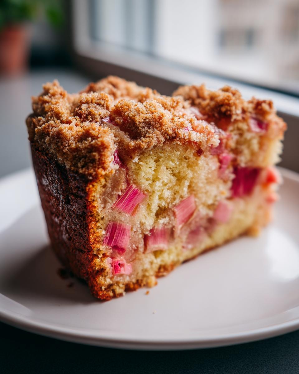 A close-up of a moist slice of Rhubarb Sour Cream Cake with Nutmeg, featuring bright pink rhubarb pieces and a crunchy streusel topping.