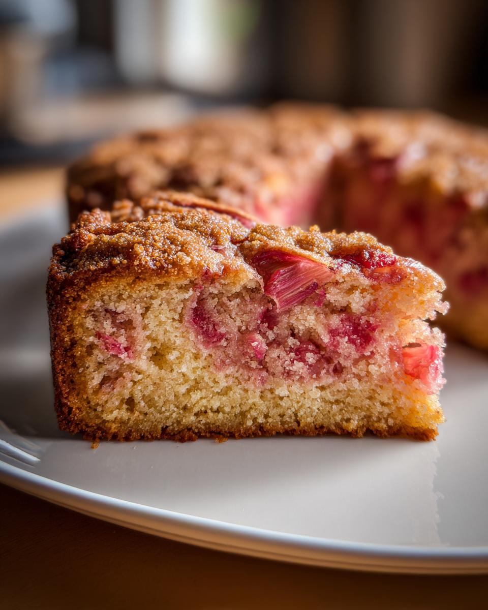 Close-up of a moist slice of Rhubarb Sour Cream Cake with Nutmeg, showing pink rhubarb pieces in the crumb.