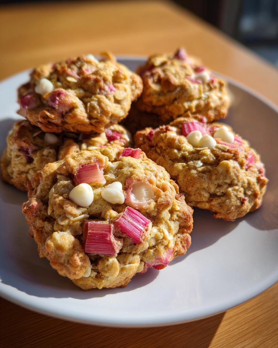 A stack of freshly baked Rhubarb White Chocolate Oatmeal Cookies featuring visible chunks of pink rhubarb and white chocolate chips.