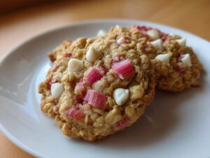 Two freshly baked Rhubarb White Chocolate Oatmeal Cookies featuring chunks of pink rhubarb and white chocolate chips on a white plate.