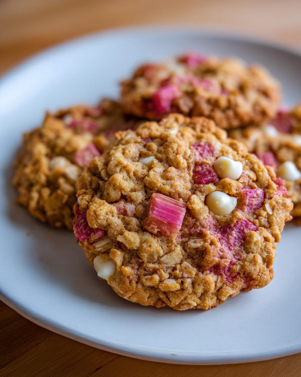 A close-up of freshly baked Rhubarb White Chocolate Oatmeal Cookies piled on a light blue plate.