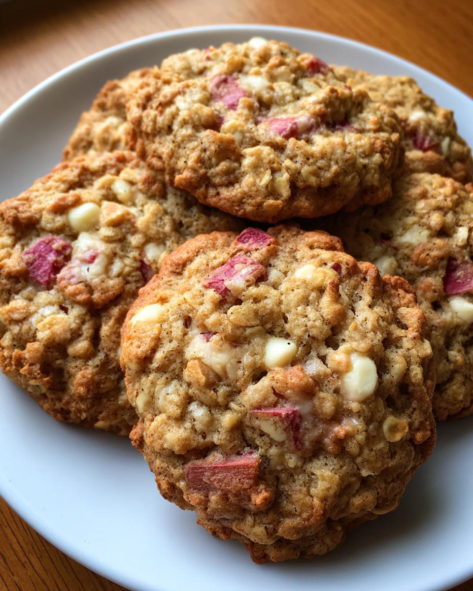 A close-up stack of four golden brown Rhubarb White Chocolate Oatmeal Cookies on a white plate.