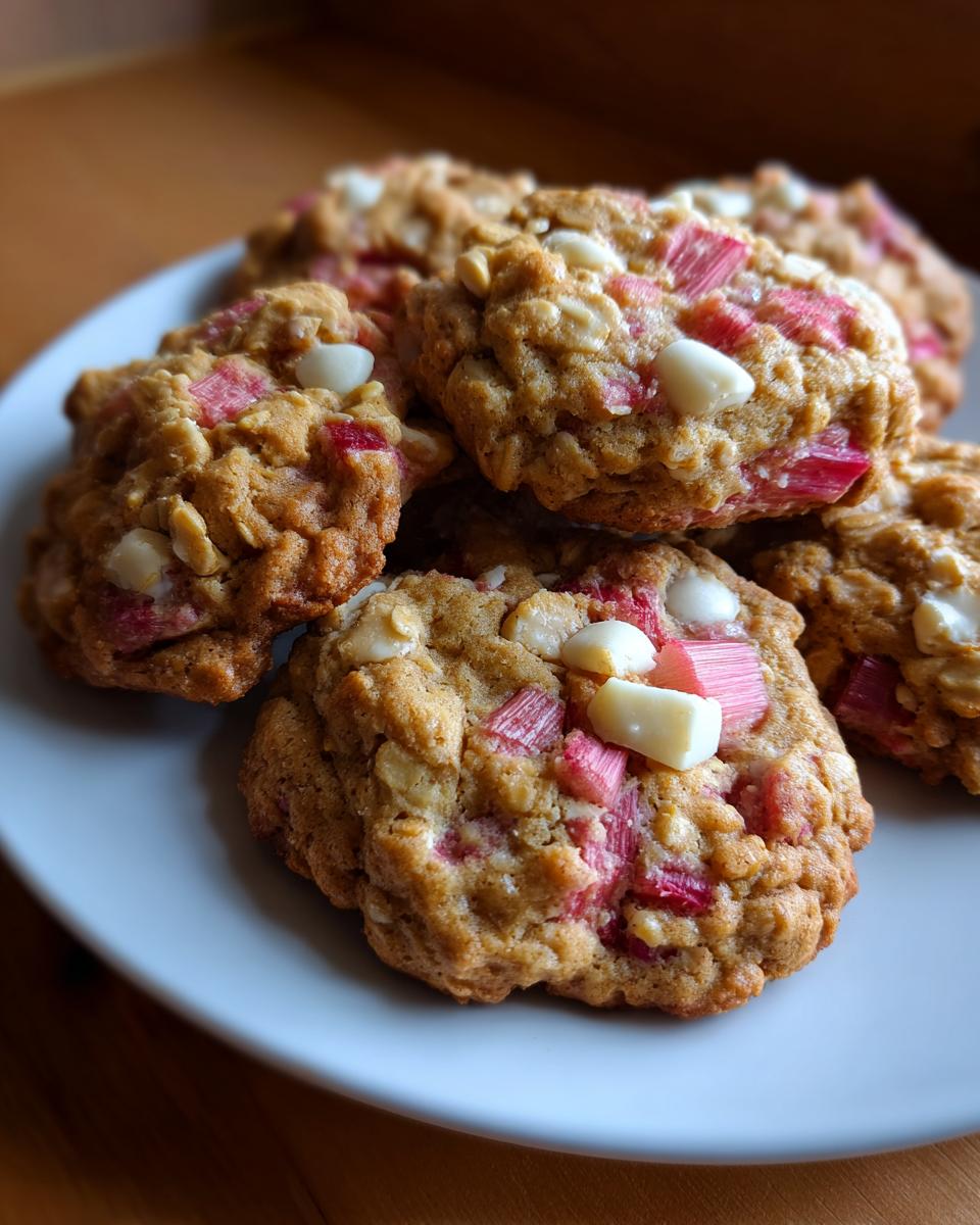 A close-up stack of freshly baked Rhubarb White Chocolate Oatmeal Cookies featuring visible chunks of pink rhubarb and white chocolate chips.