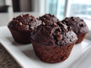 Close-up of four rich, dark chocolate muffins topped with chocolate chips, ready to eat.