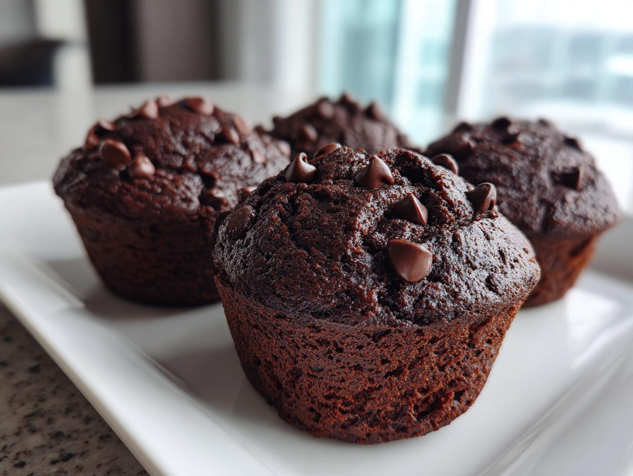 Close-up of four rich, dark chocolate muffins topped with chocolate chips, ready to eat.