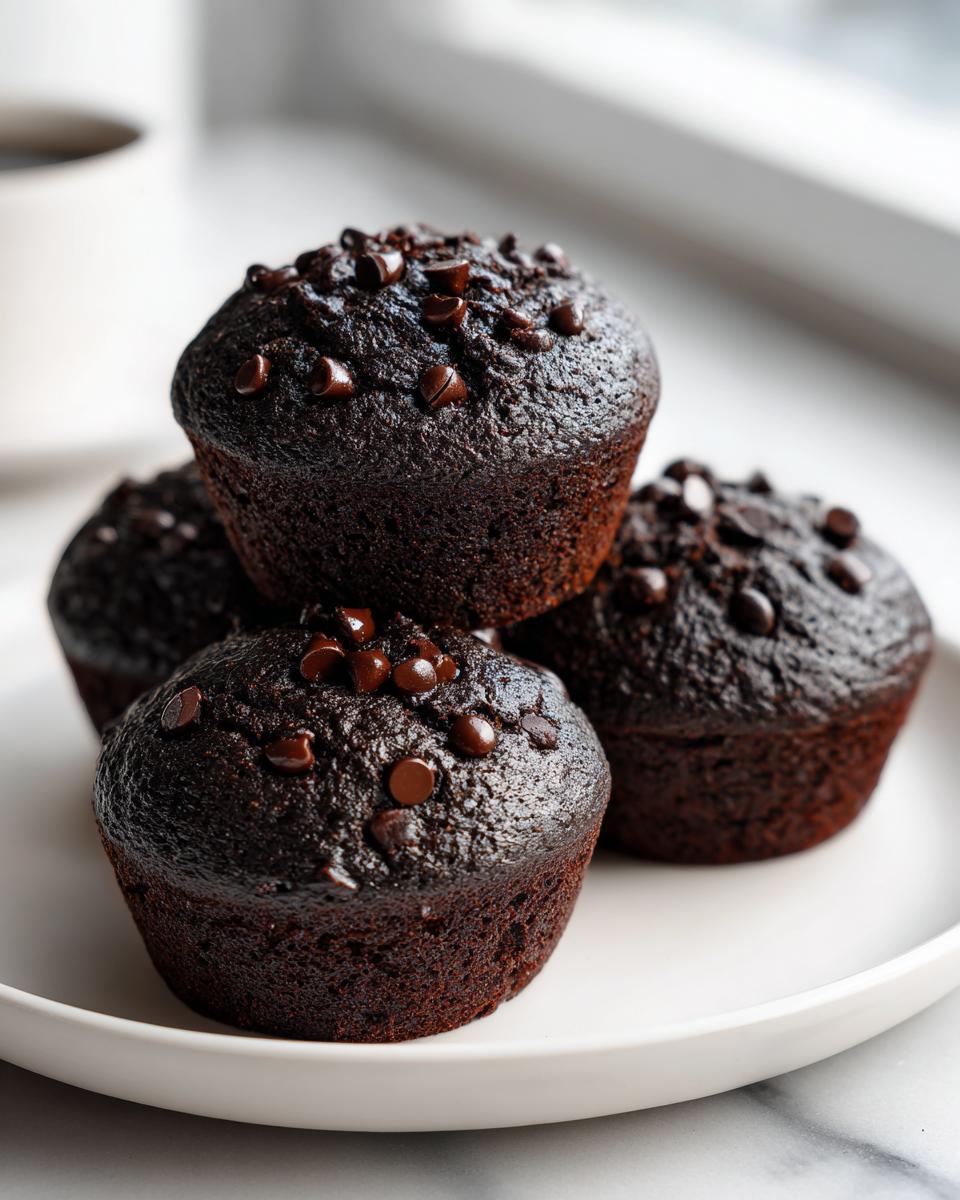 A stack of four rich, dark chocolate muffins topped with chocolate chips, ready to eat.