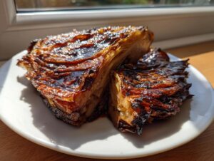 Two thick, caramelized roasted cabbage steaks with a dark glaze served on a white plate.