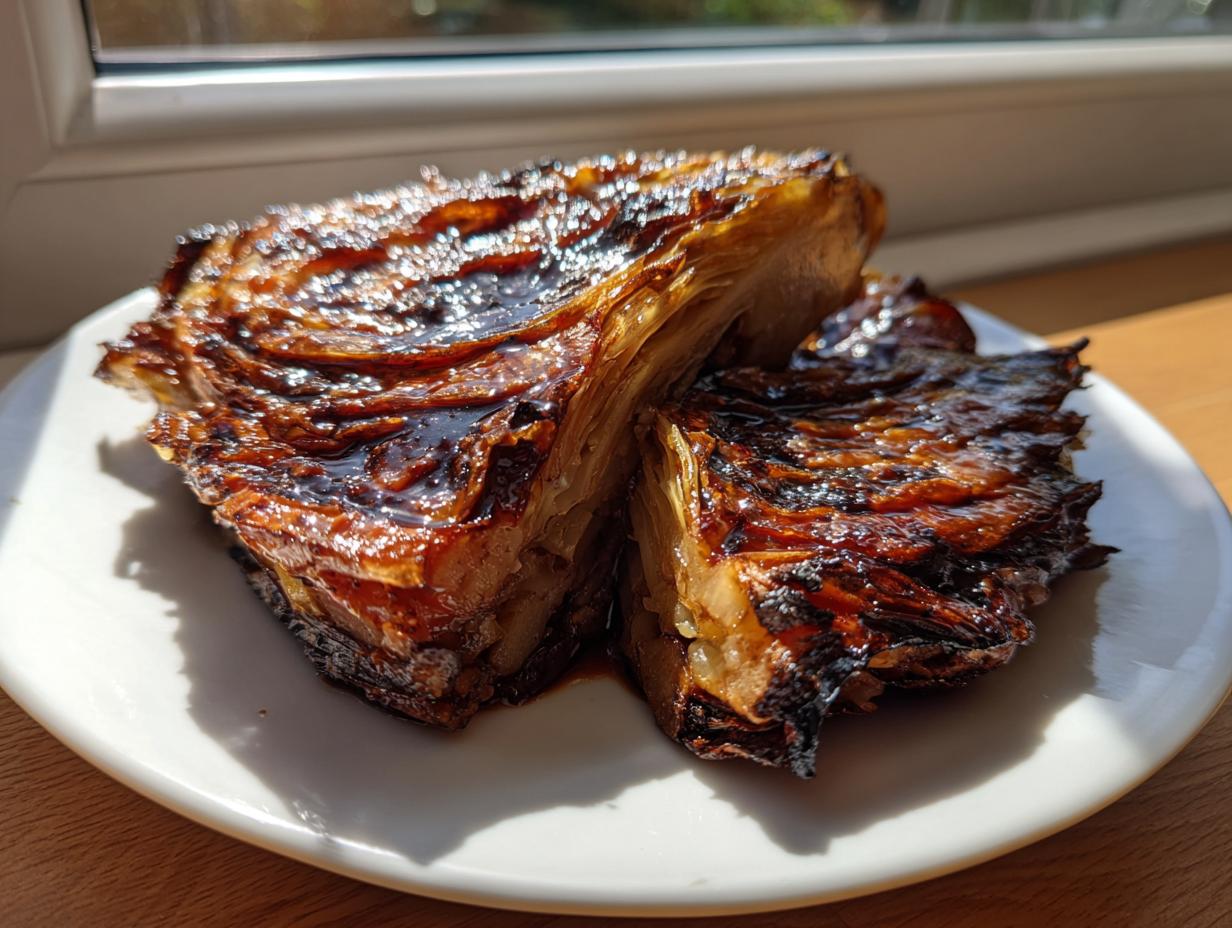 Two thick, caramelized roasted cabbage steaks with a dark glaze served on a white plate.