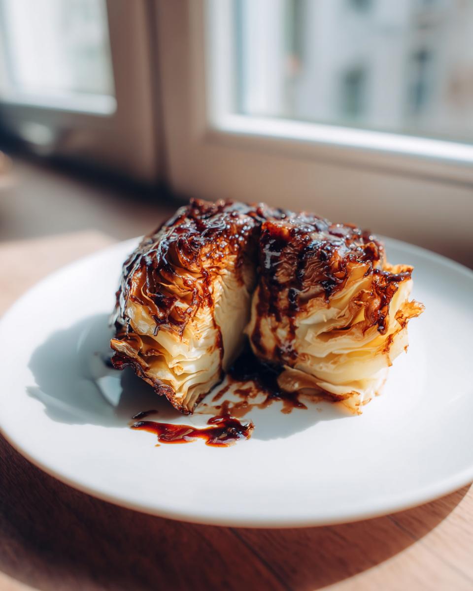 A thick slice of roasted cabbage steaks, deeply caramelized and drizzled with a dark glaze, served on a white plate.