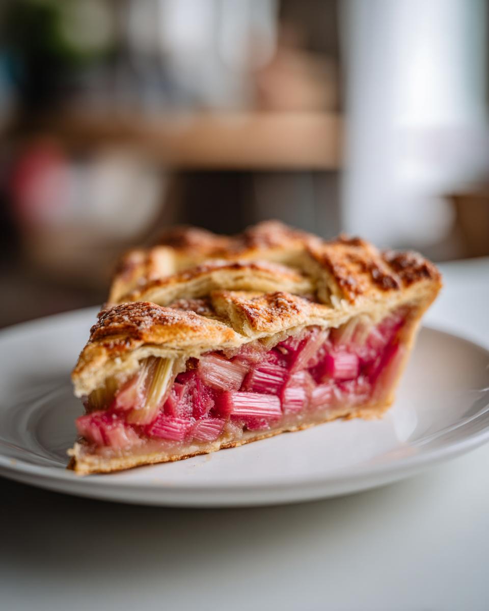 Close-up of a slice of Rustic Geometric Rhubarb Galette showing bright pink rhubarb filling and lattice crust.