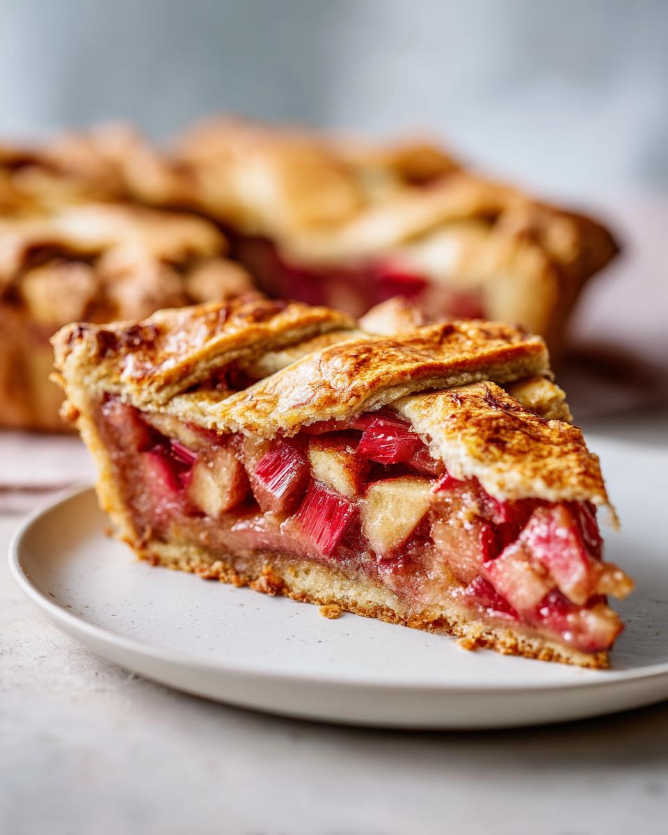 Close-up of a slice of Rustic Geometric Rhubarb Galette showing the flaky golden crust and bright red rhubarb filling.