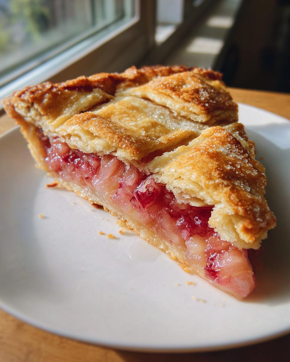 Close-up of a slice of Rustic Geometric Rhubarb Galette showing the flaky, sugared crust and pink rhubarb filling.