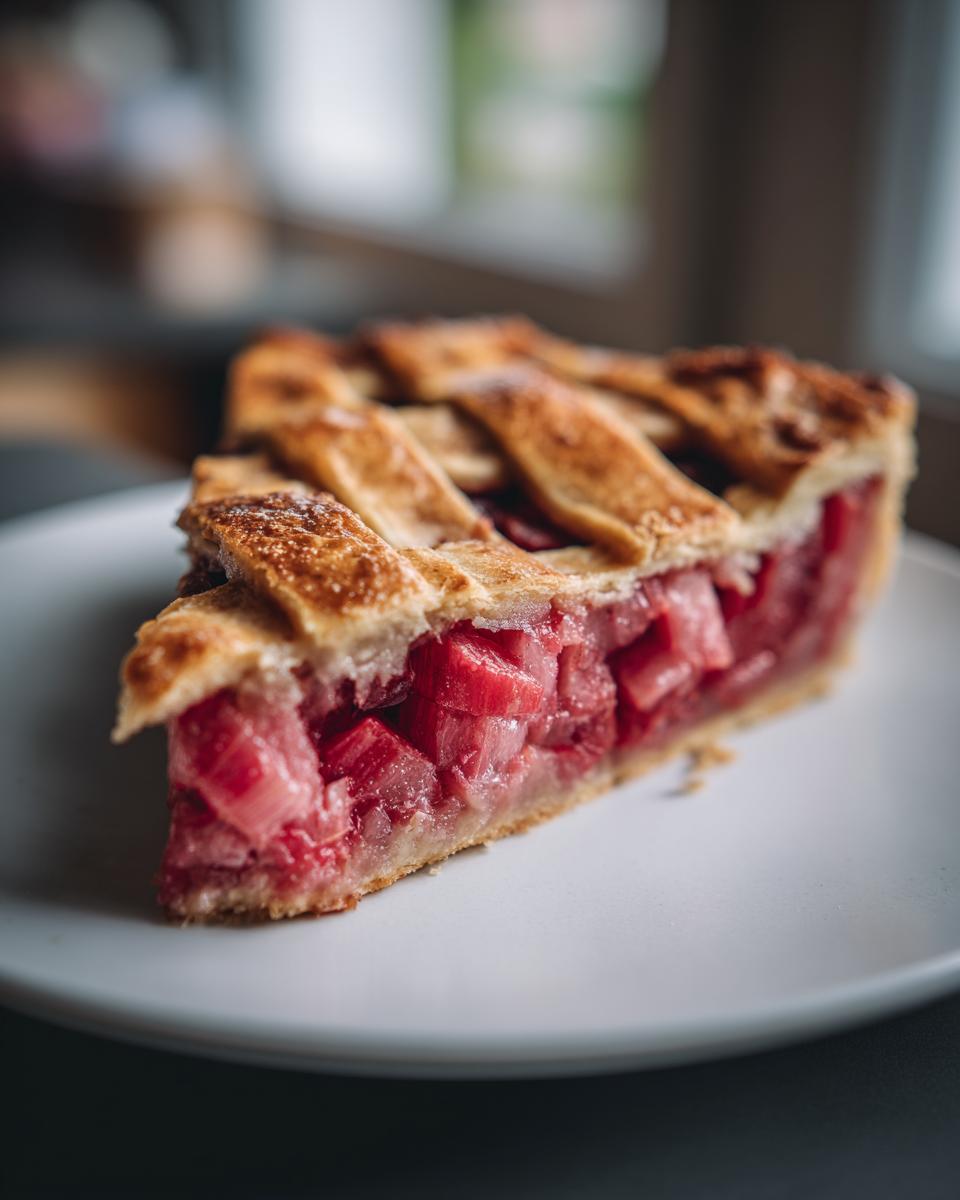 Close-up of a slice of Rustic Geometric Rhubarb Galette showing thick, juicy rhubarb filling and a golden lattice crust.