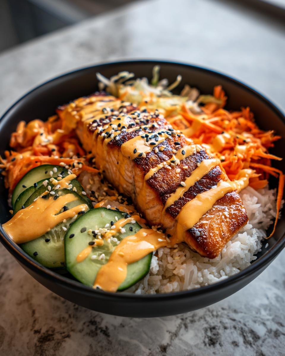 Close-up of a delicious salmon rice bowl featuring a glazed salmon fillet over rice with cucumber and shredded carrots.