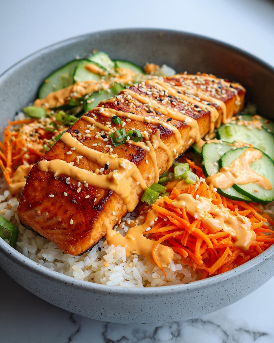 A perfectly cooked piece of salmon sits atop white rice in a bowl, drizzled with spicy mayo and sesame seeds, part of a salmon rice bowl.
