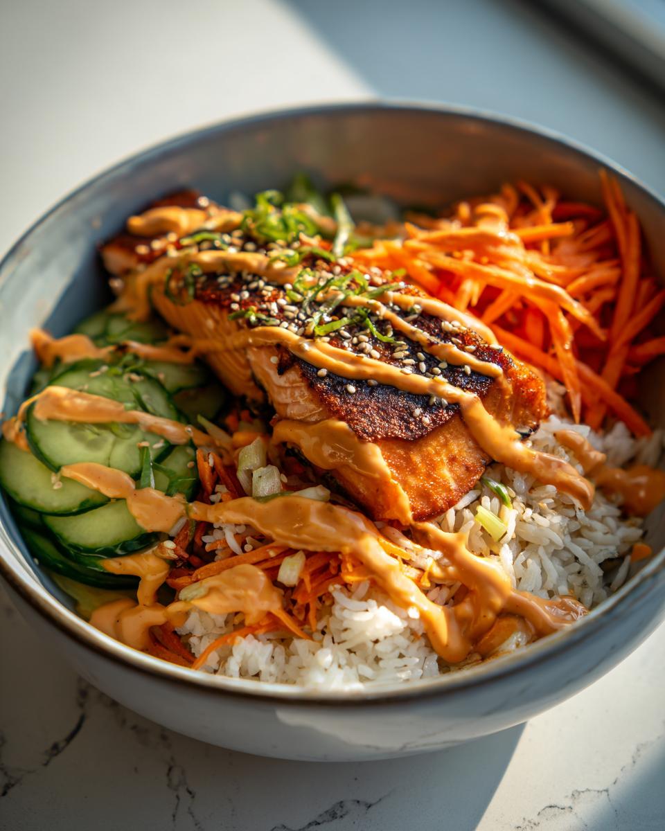 Close-up of a delicious salmon rice bowl featuring seared salmon, rice, shredded carrots, sliced cucumbers, and a drizzle of spicy mayo.