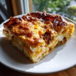 A golden-brown square slice of sausage croissant breakfast casserole on a white plate.