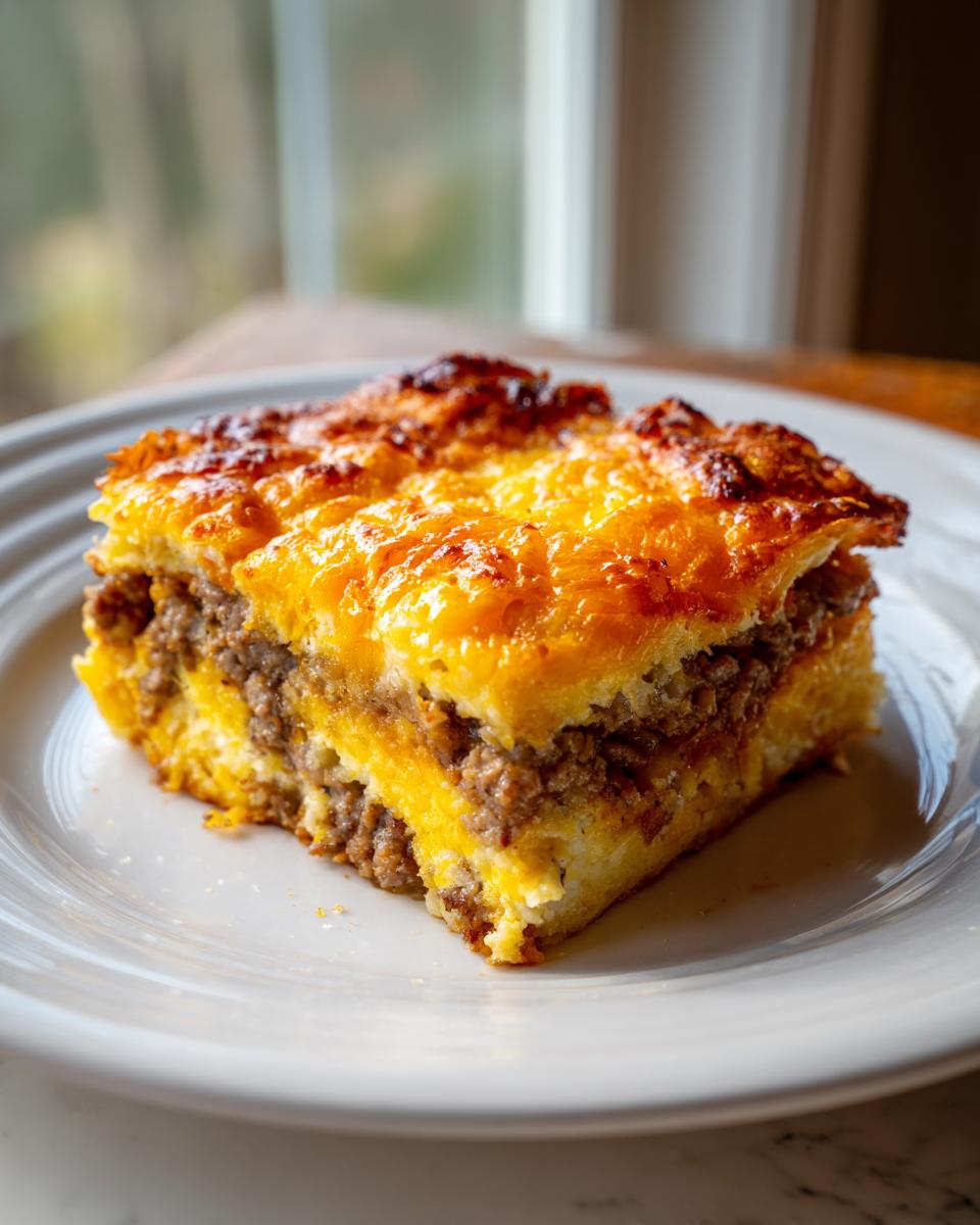 A close-up of a square slice of sausage croissant breakfast casserole topped with melted, browned cheddar cheese.