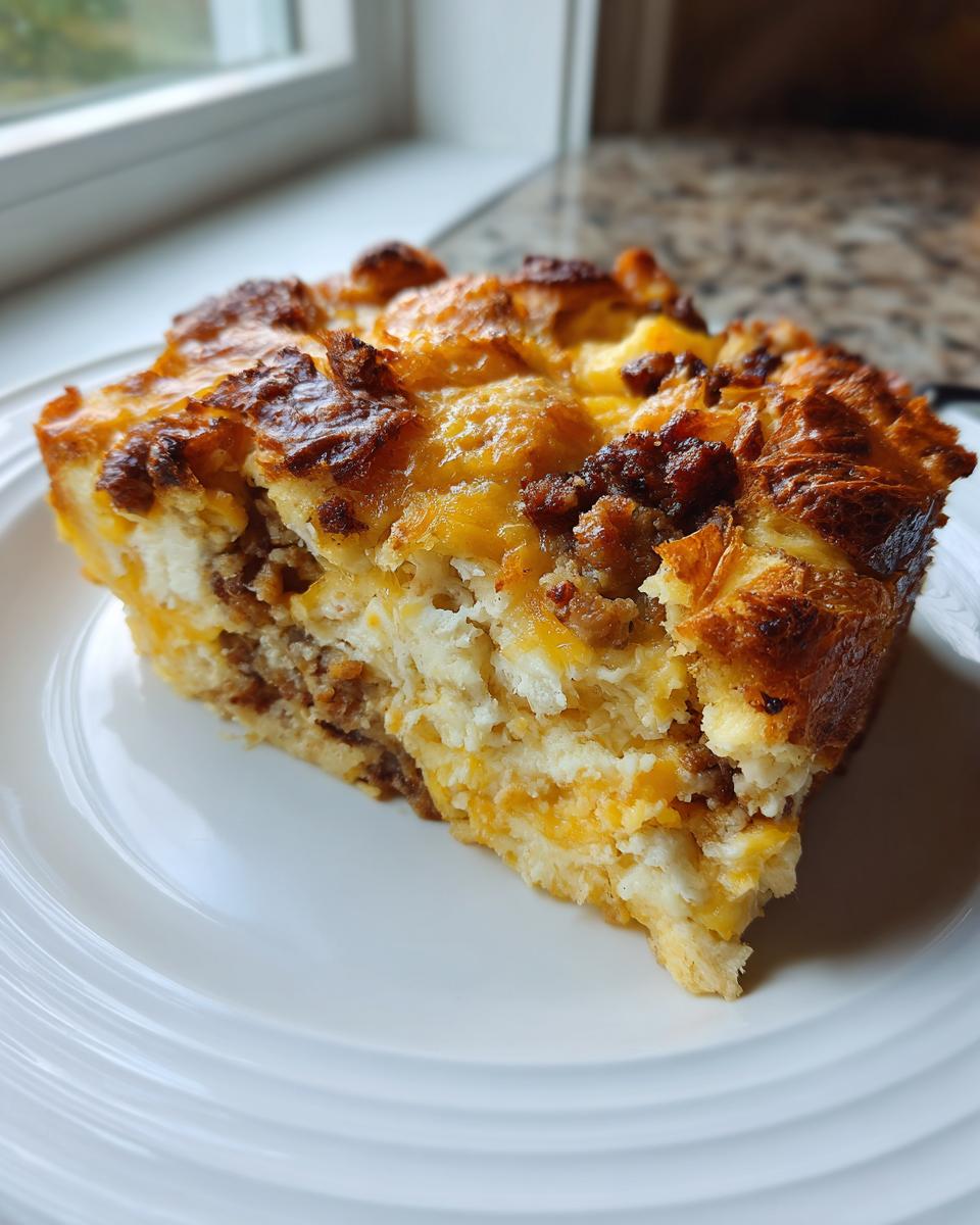 A close-up serving of sausage croissant breakfast casserole showing layers of croissant, egg, sausage, and melted cheese.