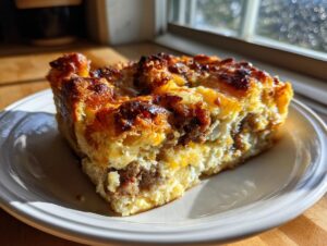 A close-up of a golden brown slice of sausage croissant breakfast casserole on a white plate.