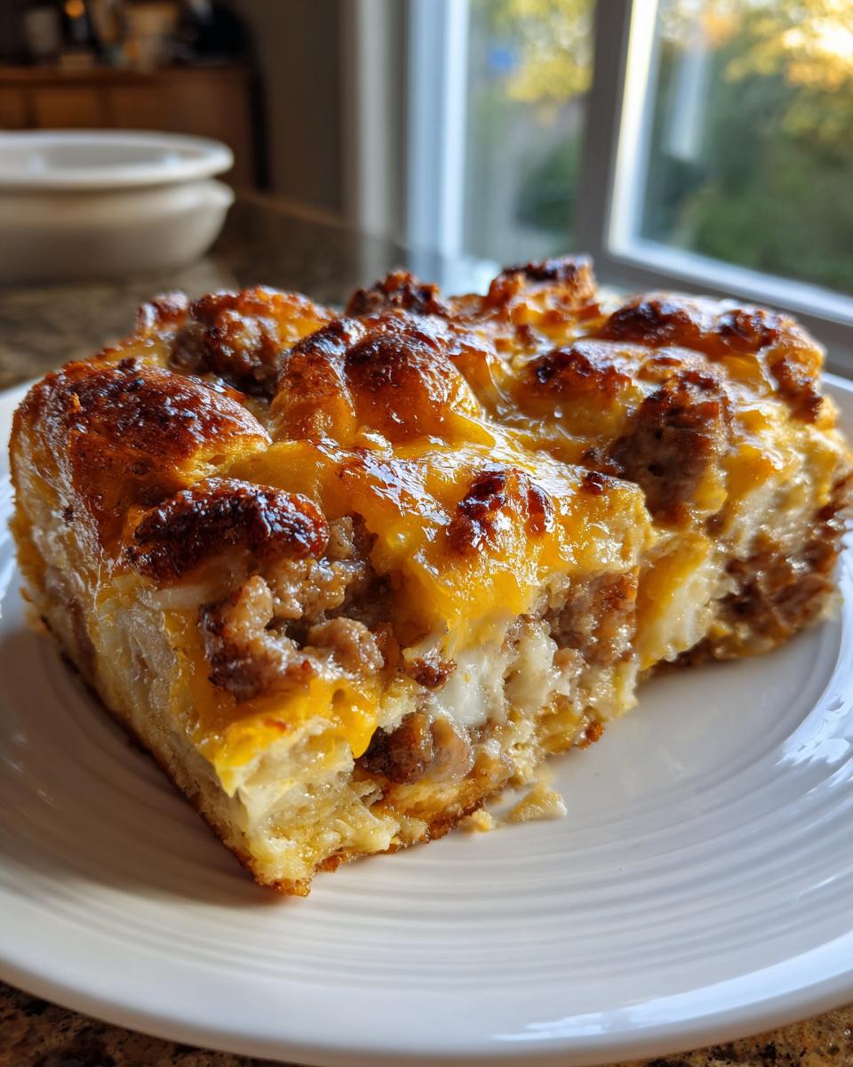 A close-up of a golden-brown slice of sausage croissant breakfast casserole topped with melted cheddar cheese.