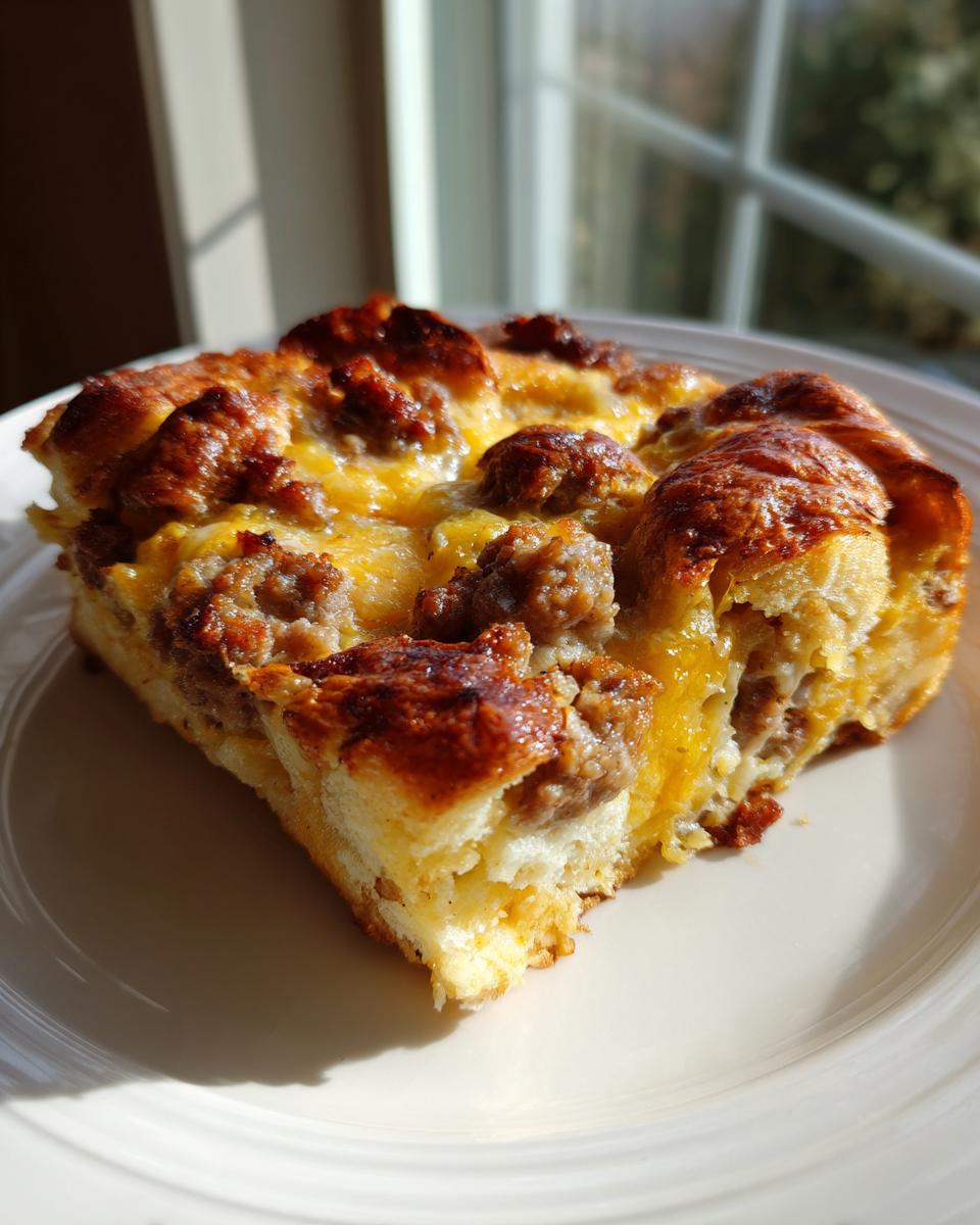 A golden brown slice of sausage croissant breakfast casserole with melted cheese, served on a white plate.