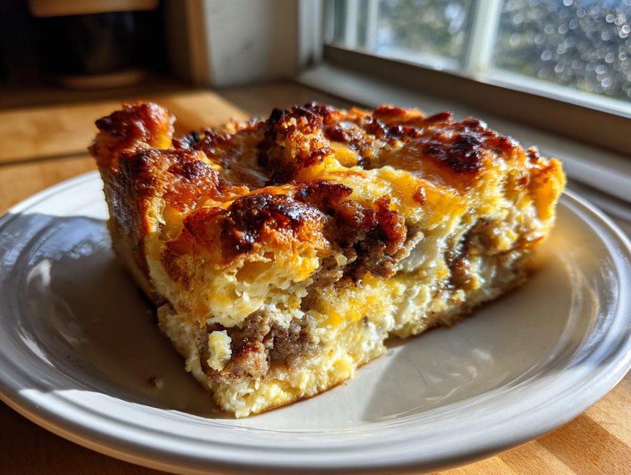 A close-up of a golden brown slice of sausage croissant breakfast casserole on a white plate.