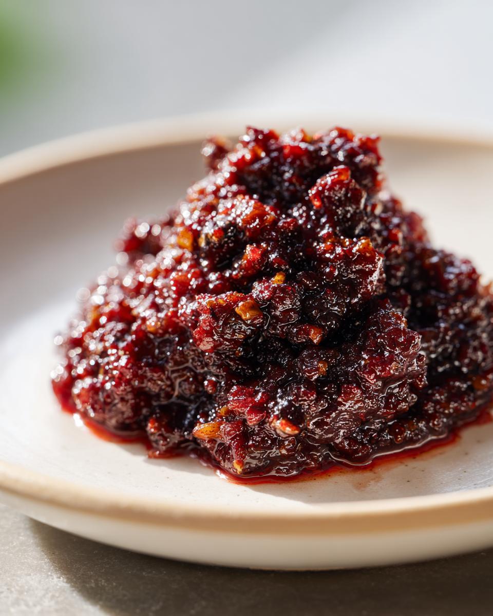 A close-up of a rich, dark red mound of Savory Rhubarb Chutney with Dates on a light ceramic plate.