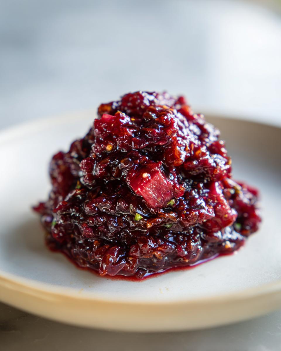 A mound of deep red, glossy Savory Rhubarb Chutney with Dates piled on a light-colored plate.